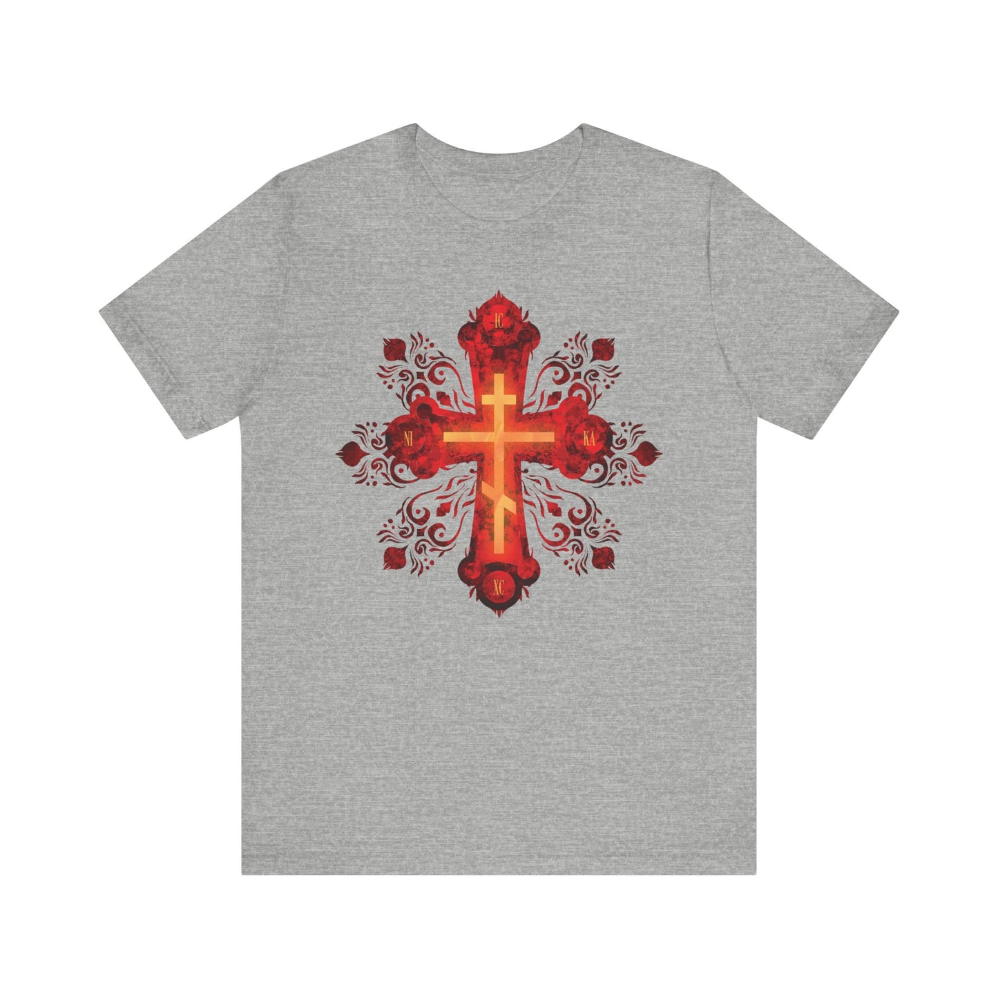 Athletic Heather tee featuring a red and gold ornate Russian-style Orthodox cross with "He was pierced for our transgressions"—a bold, lightweight cotton unisex shirt inspired by faith and Christian warrior spirit.