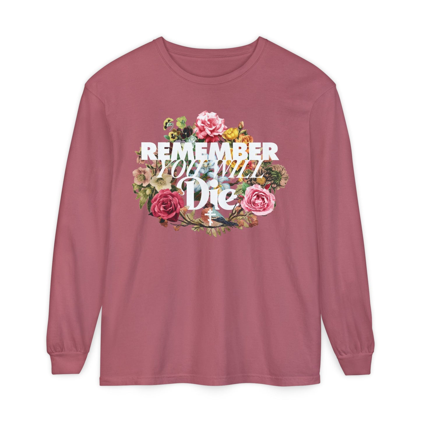 Crimson long-sleeve cotton shirt featuring "Remember You Will Die" in classic typography with a cross and floral wreath design—a Memento Mori inspired by Orthodox tradition.