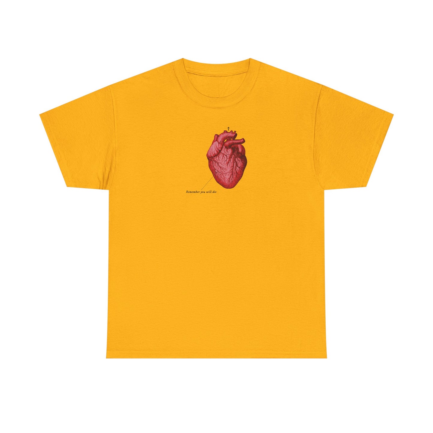 Gold T-shirt featuring a retro medical textbook red heart illustration and small text "Remember You Will Die – It's Later Than You Think," centered beneath an Orthodox cross on the chest.