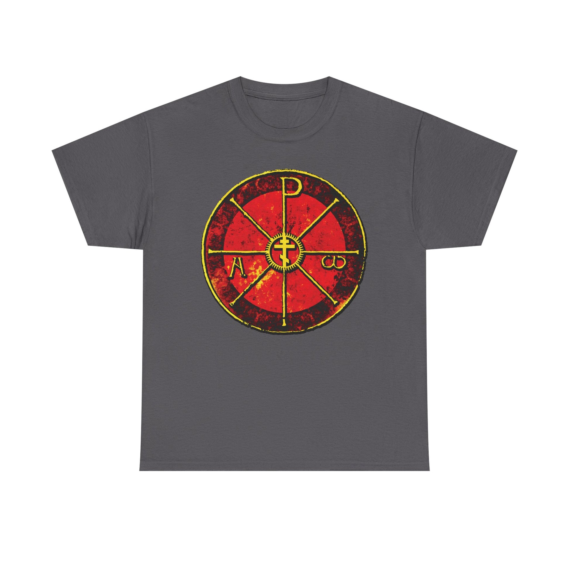 Charcoal t-shirt featuring a red and yellow distressed circular Alpha & Omega Chi Rho Orthodox Cross—an ancient Christogram inspired by Saint Ambrose’s Chrismon from Milan. Midweight cotton, "In This Sign Ye Shall Conquer" Christian design.