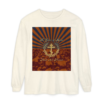 The Gates of Hades Shall Not Prevail | Cross with Wreath & Crown of Thorns | Skulls and Rays | Orthodox Christian Long Sleeve Shirt