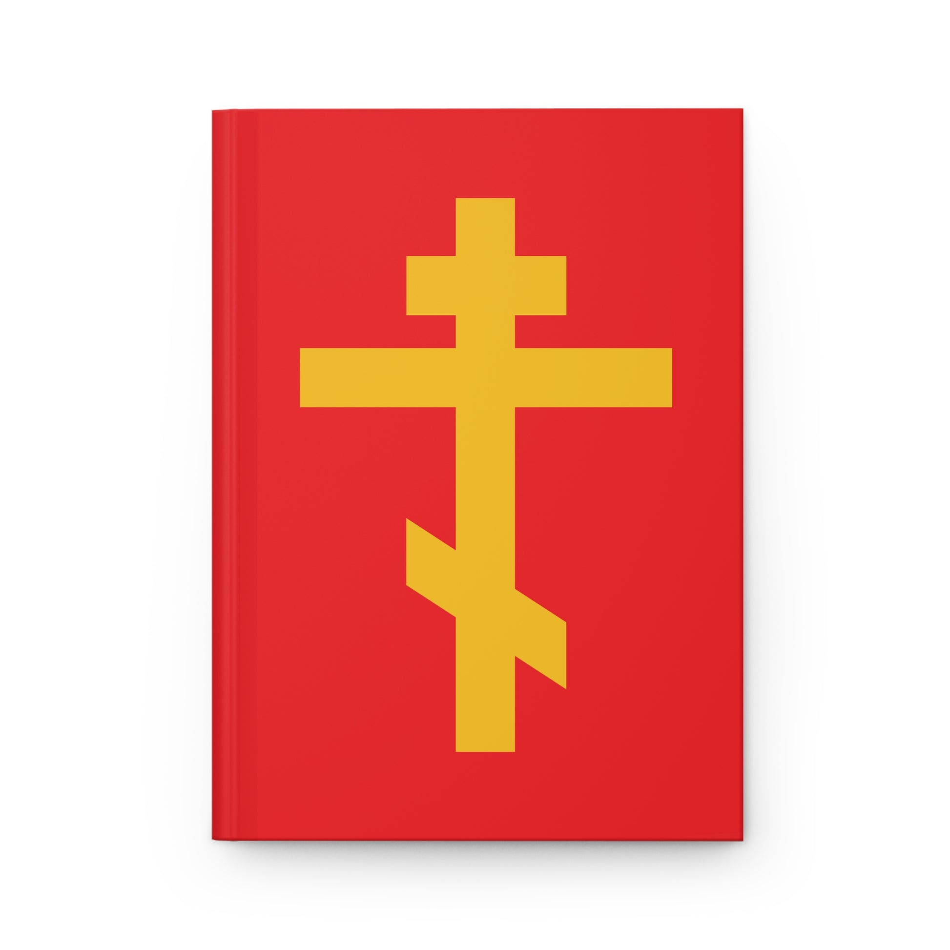 Yellow Orthodox cross on a red background decorates this Orthodox Hardcover Journal—Precious and Life-Giving Weapon of Unseen Warfare, Scourge of Demons—inspired by Galatians 2:20, "crucified with Christ," Christ lives in me.