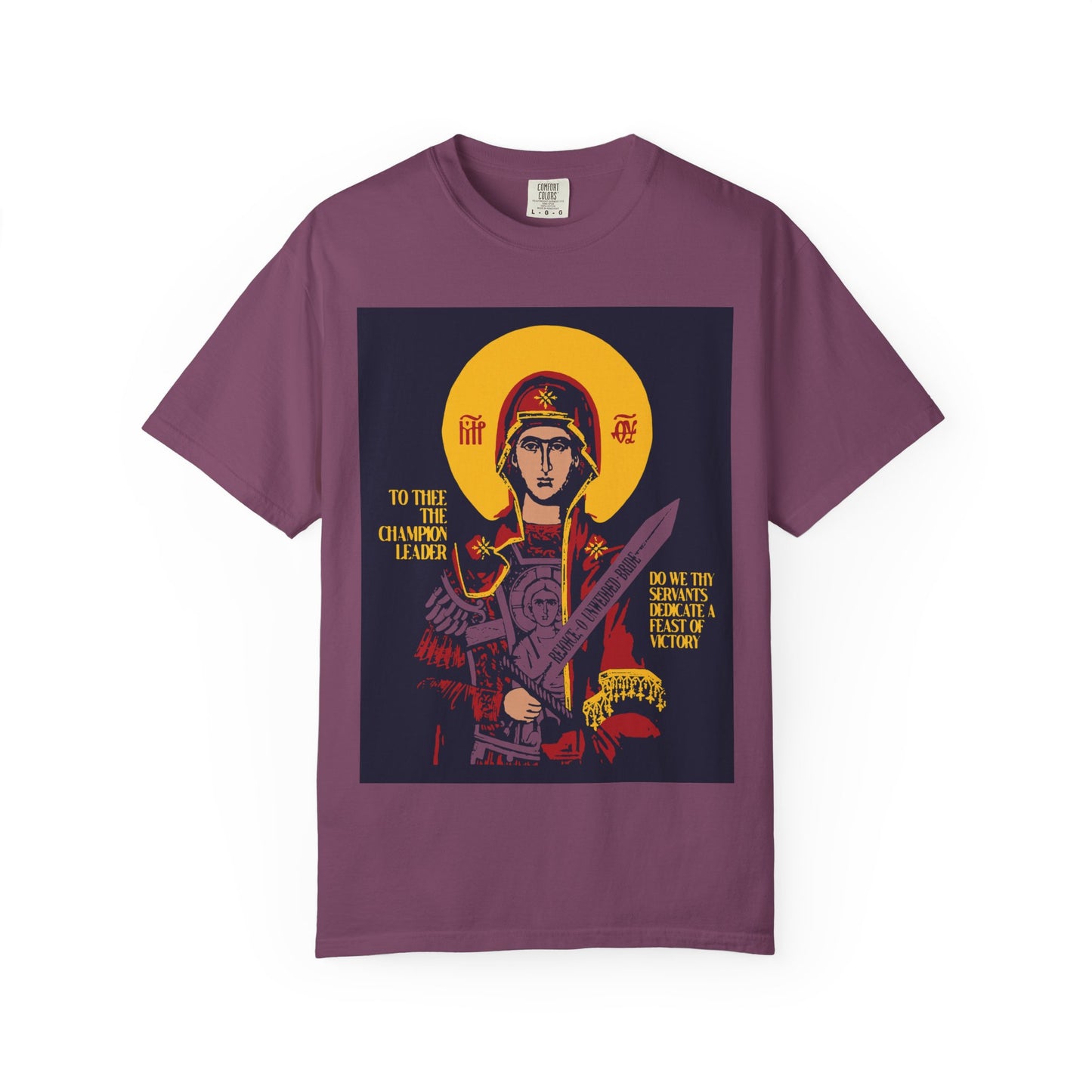 To Thee the Champion Leader | Mother of God | Theotokos with Sword IconoGraphic | Heavyweight Cotton Unisex Orthodox T-Shirt