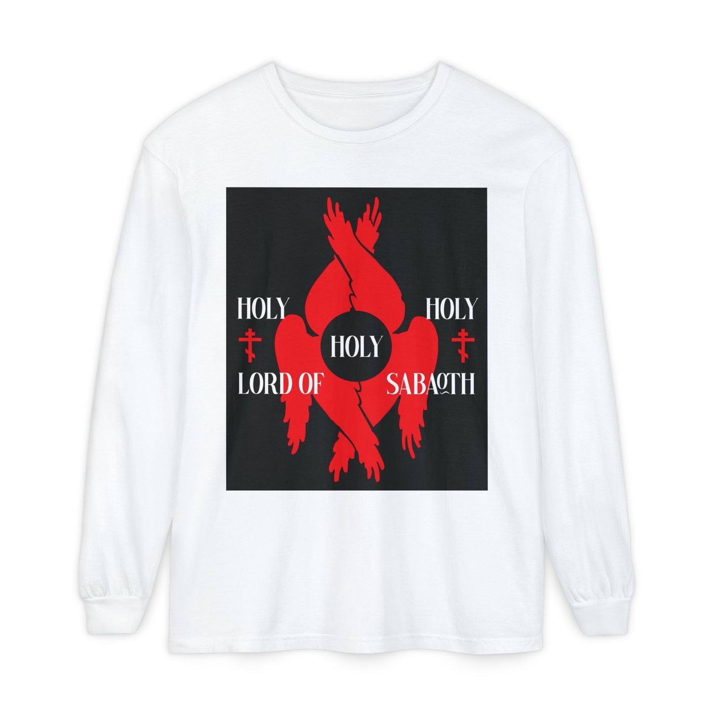 White long-sleeve cotton shirt featuring red seraphim wings, Orthodox crosses, and “HOLY HOLY HOLY LORD OF SABAOTH” text—an Orthodox Christian design inspired by Isaiah 6:3 and the Divine Council.