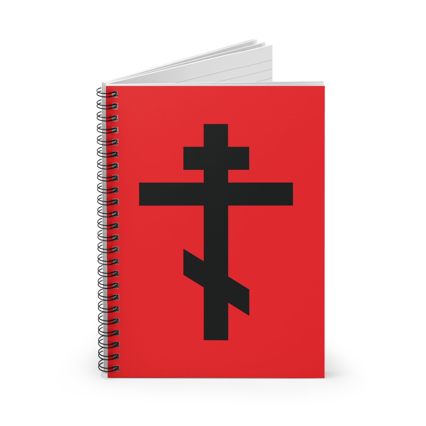 Red spiral notebook with black Orthodox cross and Galatians 6:14: "May I never boast, except in the cross of our Lord Jesus Christ" on the cover. Orthodox Spiral Notebook.