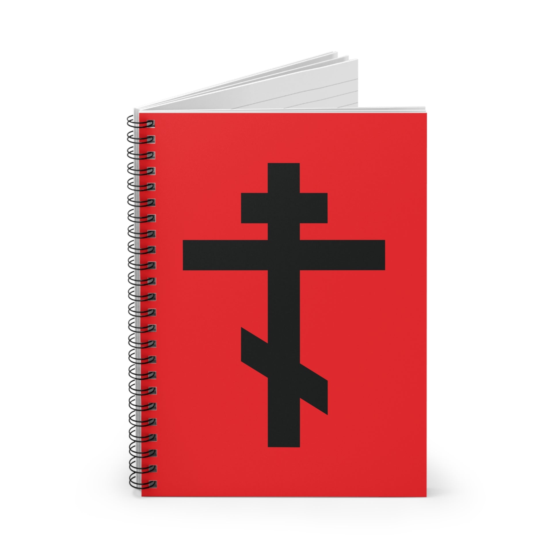 Red spiral notebook with black Orthodox cross and Galatians 6:14: "May I never boast, except in the cross of our Lord Jesus Christ" on the cover. Orthodox Spiral Notebook.