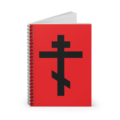 Red spiral notebook with black Orthodox cross and Galatians 6:14: "May I never boast, except in the cross of our Lord Jesus Christ" on the cover. Orthodox Spiral Notebook.