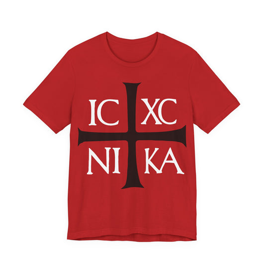 ICXC NIKA Means Jesus Christ Conquers | Black Cross White Text | Ancient Byzantine Christogram | Orthodox Christian Cotton T-Shirt