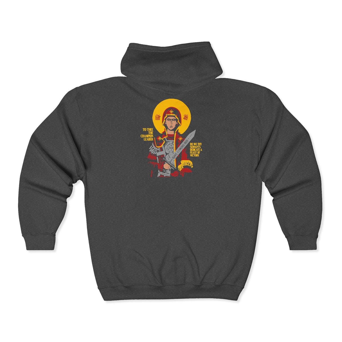 To Thee the Champion Leader | Mother of God | Theotokos with Sword IconoGraphic | Orthodox Zipper Hoodie (Back Design)
