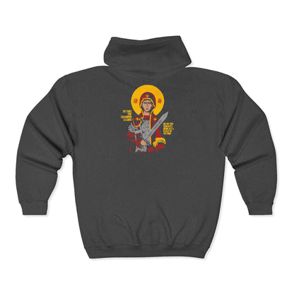 To Thee the Champion Leader | Mother of God | Theotokos with Sword IconoGraphic | Orthodox Zipper Hoodie (Back Design)
