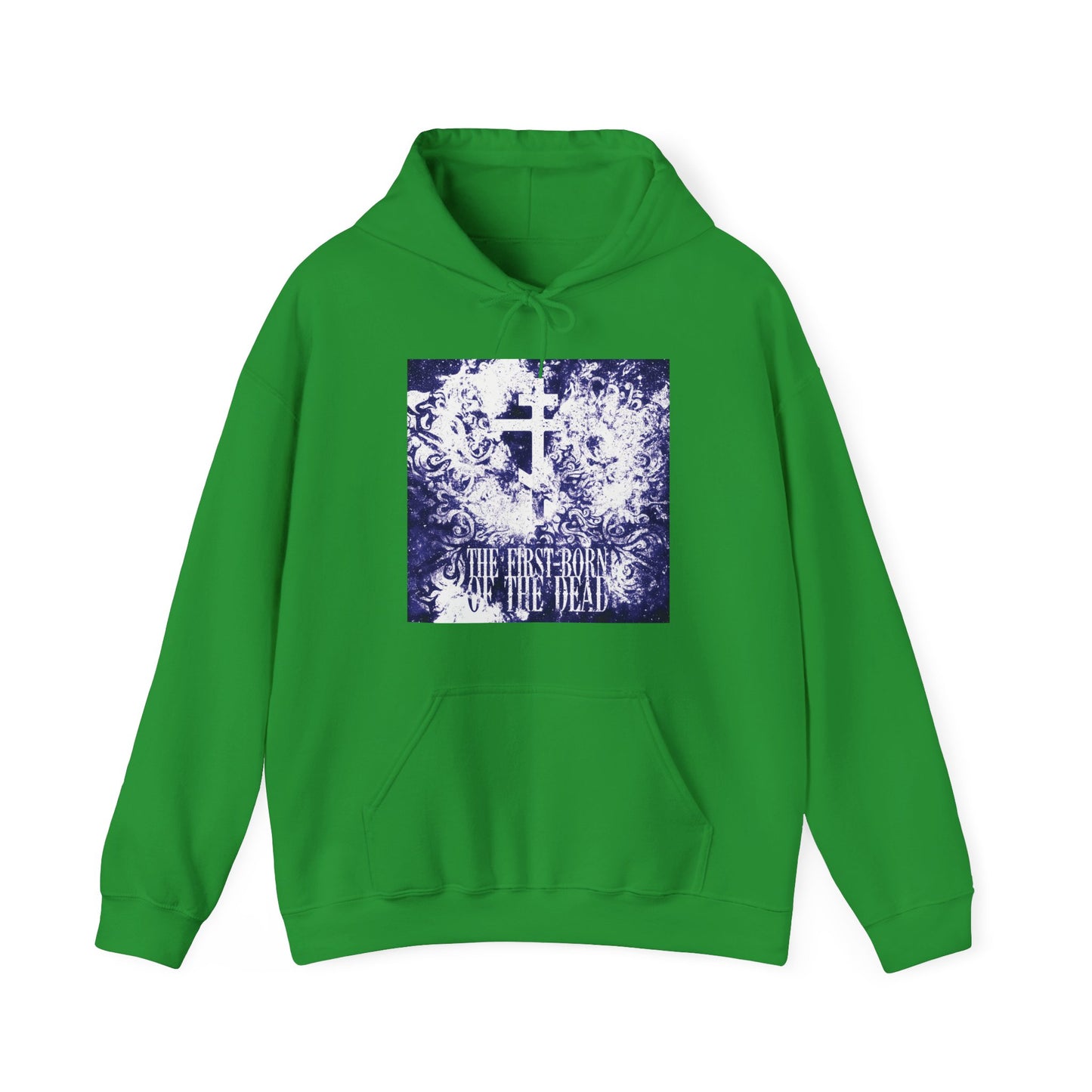 Irish green hoodie featuring a glowing white and blue textured cosmic Orthodox cross, inspired by the resurrection and apocalypse. Text reads: THE FIRST-BORN OF THE DEAD. Orthodox Christian themed design.