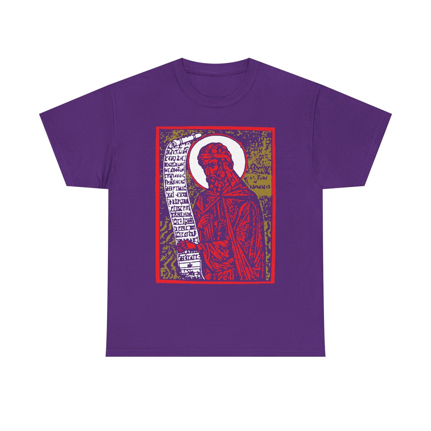 Purple midweight unisex tee featuring a high-contrast red, gold, and black design inspired by St. John of Damascus and Orthodox iconography.