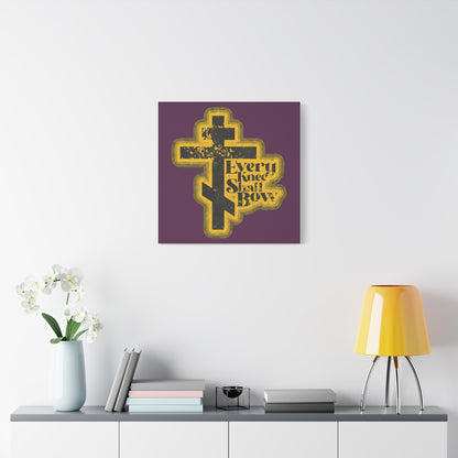 A modern room features the "Every Knee Shall Bow" 70s distressed halftone comic book style Christian wall art, inspired by Philippians 2:10-11 and Isaiah 45:23, displayed above a white shelf.