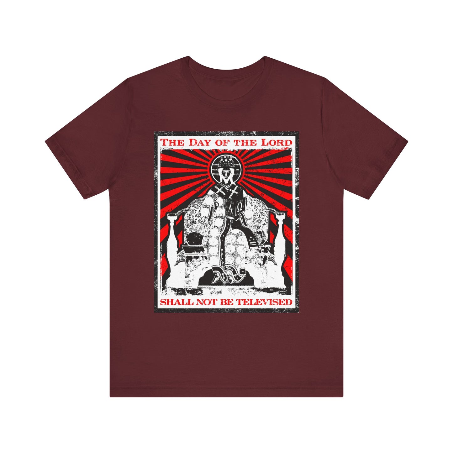 Showcase your faith and spark meaningful conversations with our maroon "The Day of the Lord Shall Not Be Televised | Jesus Christ Iconographic | Second Coming | Revelation" lightweight cotton unisex tee. Featuring bold red and white graphics, this striking statement piece is perfect for those looking to express their Christian beliefs through inspired apparel.
