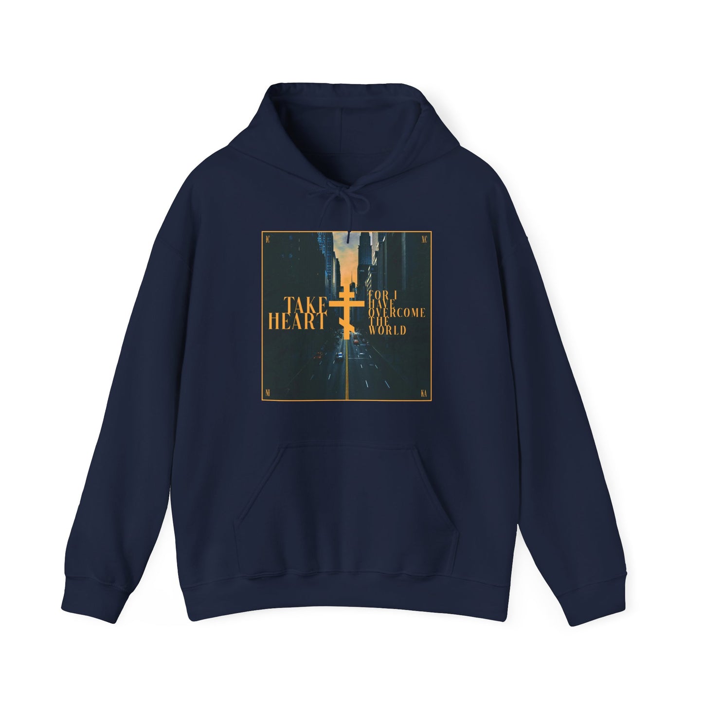 Navy “Take Heart, For I Have Overcome the World” hoodie features a modern city street design and gold cross—an Orthodox Christian reminder of hope from John 16:33.