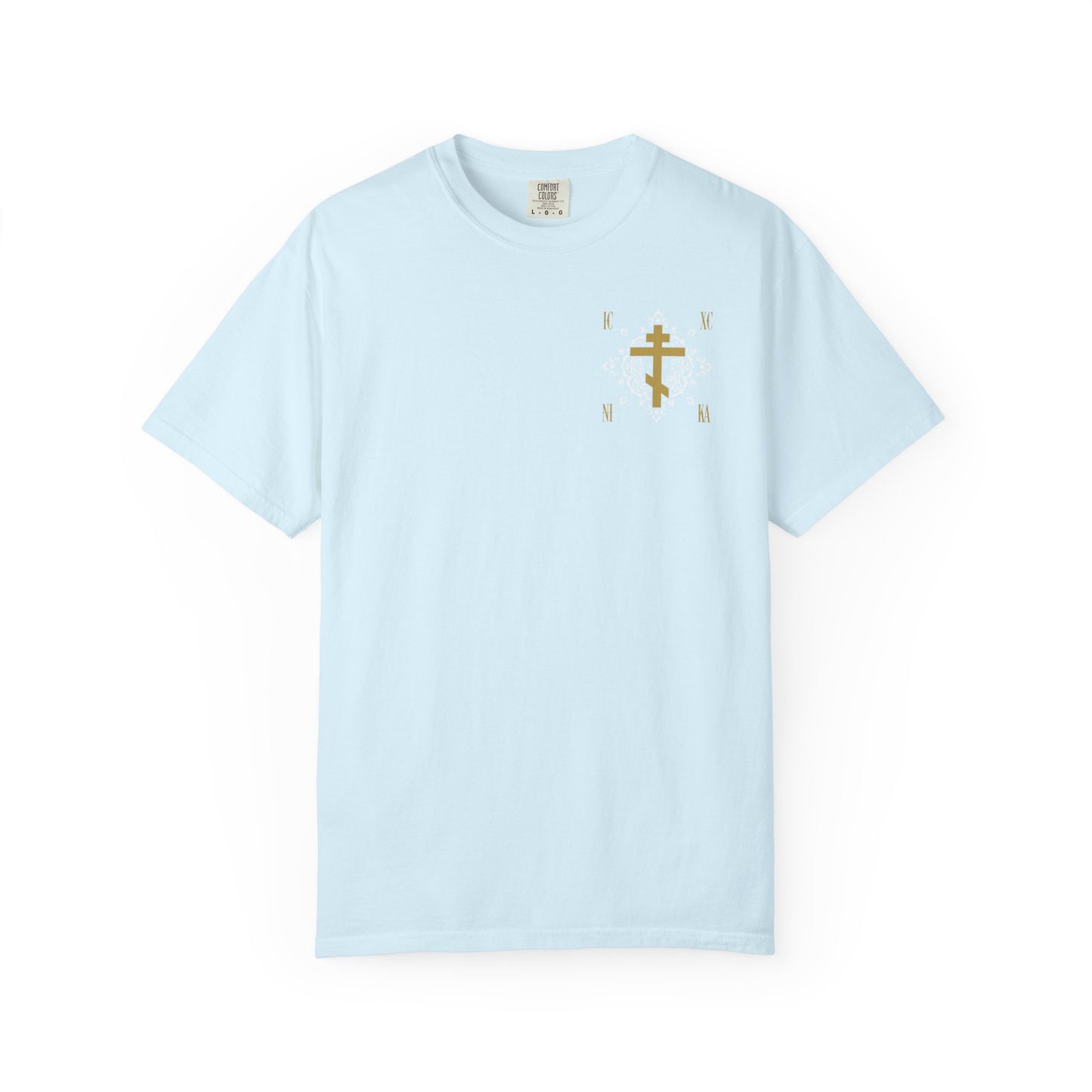 Chambray T-shirt with a small gold Orthodox Cross ICXC NIKA design and white medieval ornate floral pattern on the left chest, symbolizing "Jesus Christ Conquers." Heavyweight cotton, unisex fit.