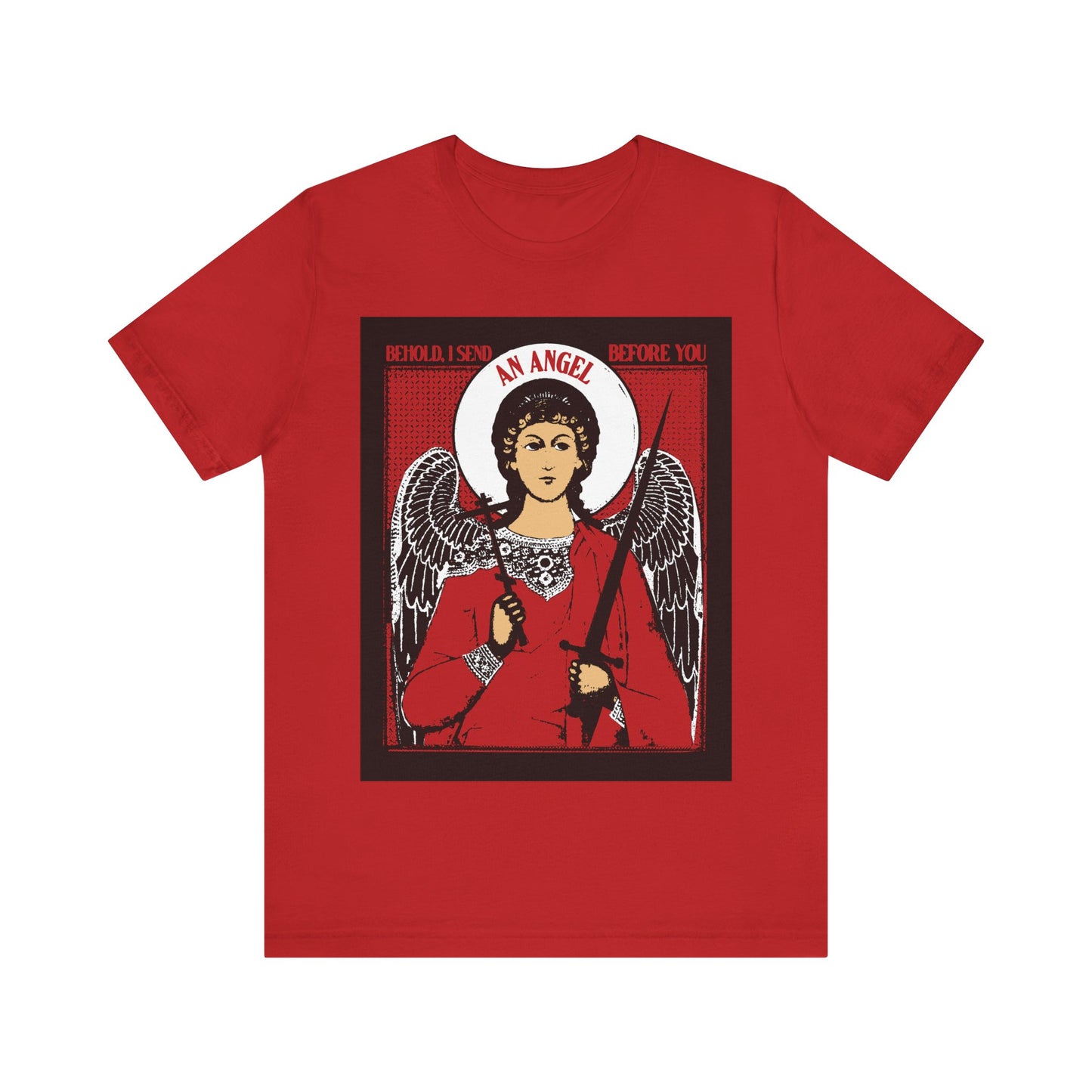 Behold, I Send an Angel Before You (Exodus 23:20) | Guardian Angel With Cross and Sword IconoGraphic | Orthodox Christian Cotton T-Shirt