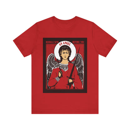 Behold, I Send an Angel Before You (Exodus 23:20) | Guardian Angel With Cross and Sword IconoGraphic | Orthodox Christian Cotton T-Shirt