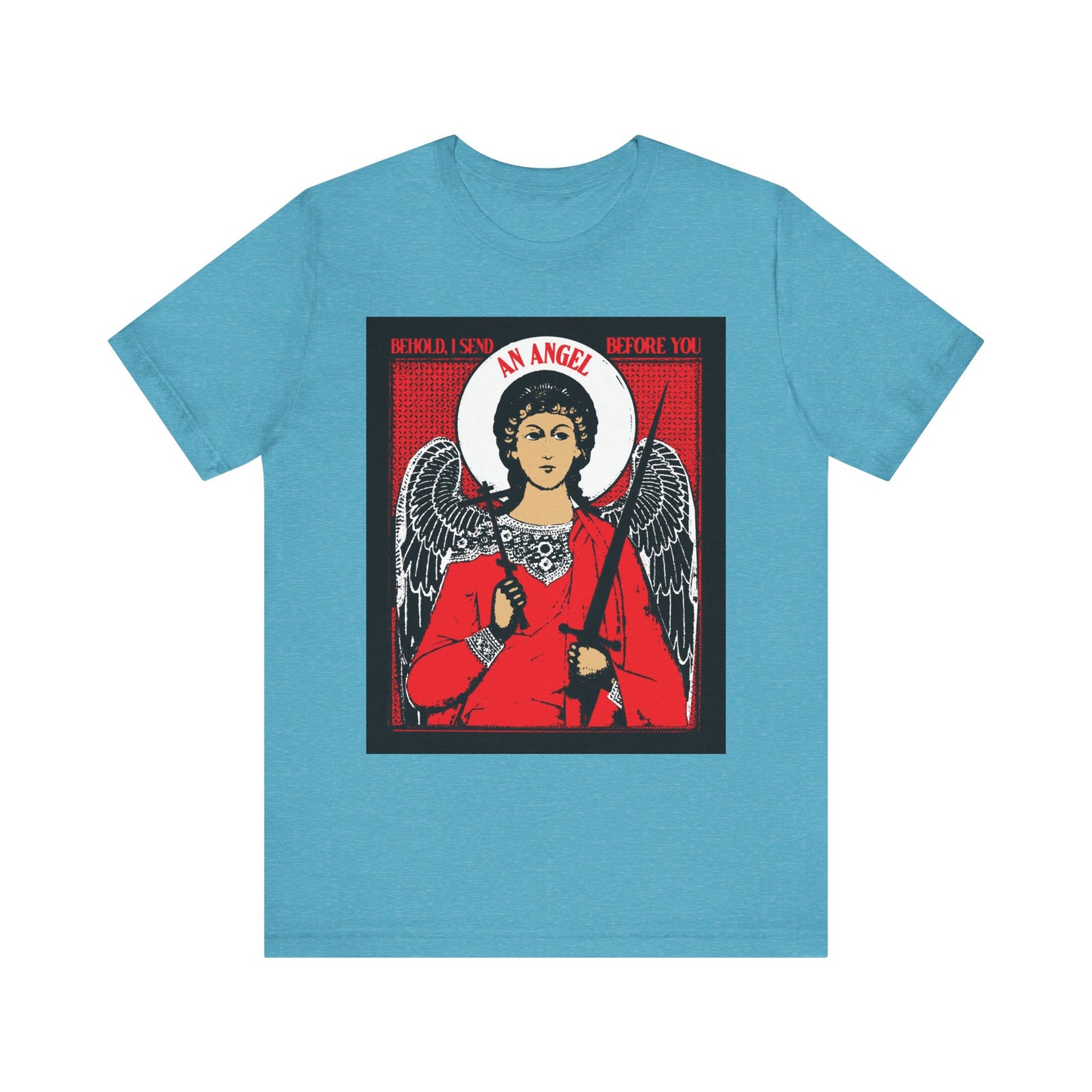 Heather Aqua unisex tee featuring a guardian angel with cross and sword from Exodus 23:20—"Behold I Send an Angel Before You." Orthodox lightweight cotton, perfect for those who appreciate angelic protection.