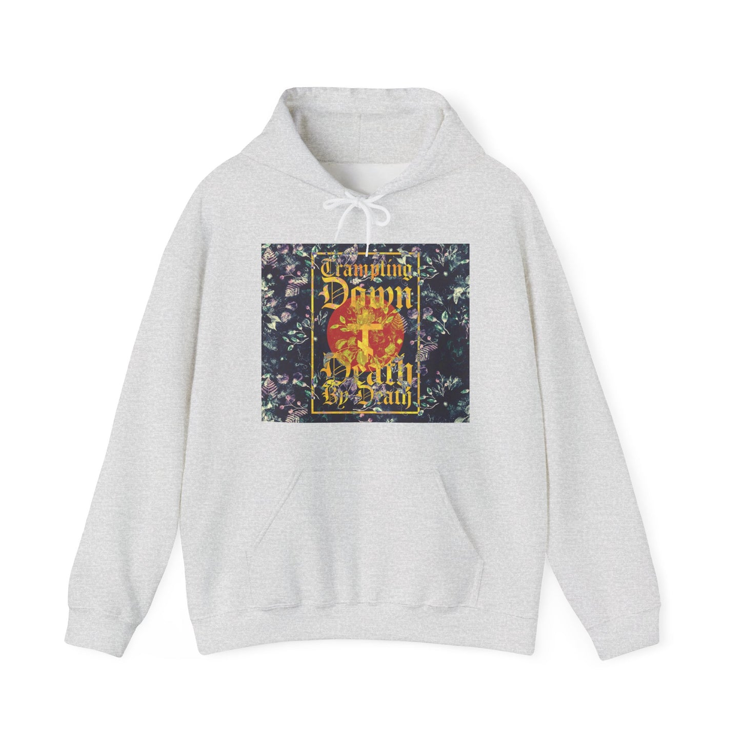 Trampling Down Death By Death | Paschal Floral Design with Gothic Script and Three-Bar Cross | Orthodox Christian Hoodie