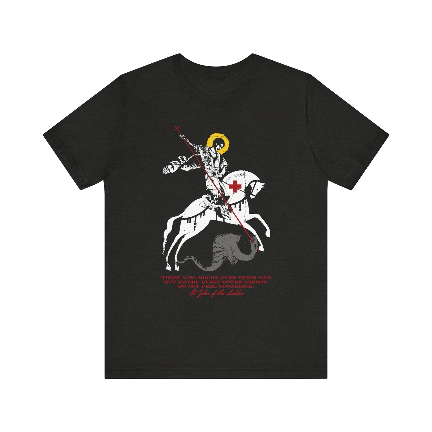 Black Heather unisex tee featuring an iconographic graphic of St George slaying the dragon, accented in red and yellow, with text below inspired by St John Climacus’s reflection on mourning over one’s sins.