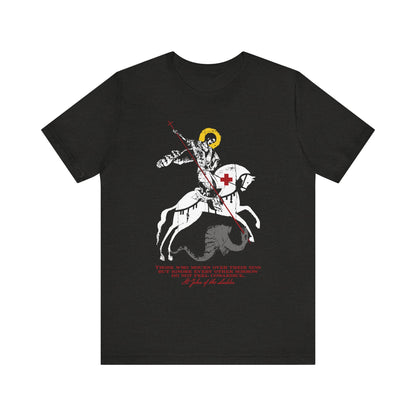 Black Heather unisex tee featuring an iconographic graphic of St George slaying the dragon, accented in red and yellow, with text below inspired by St John Climacus’s reflection on mourning over one’s sins.