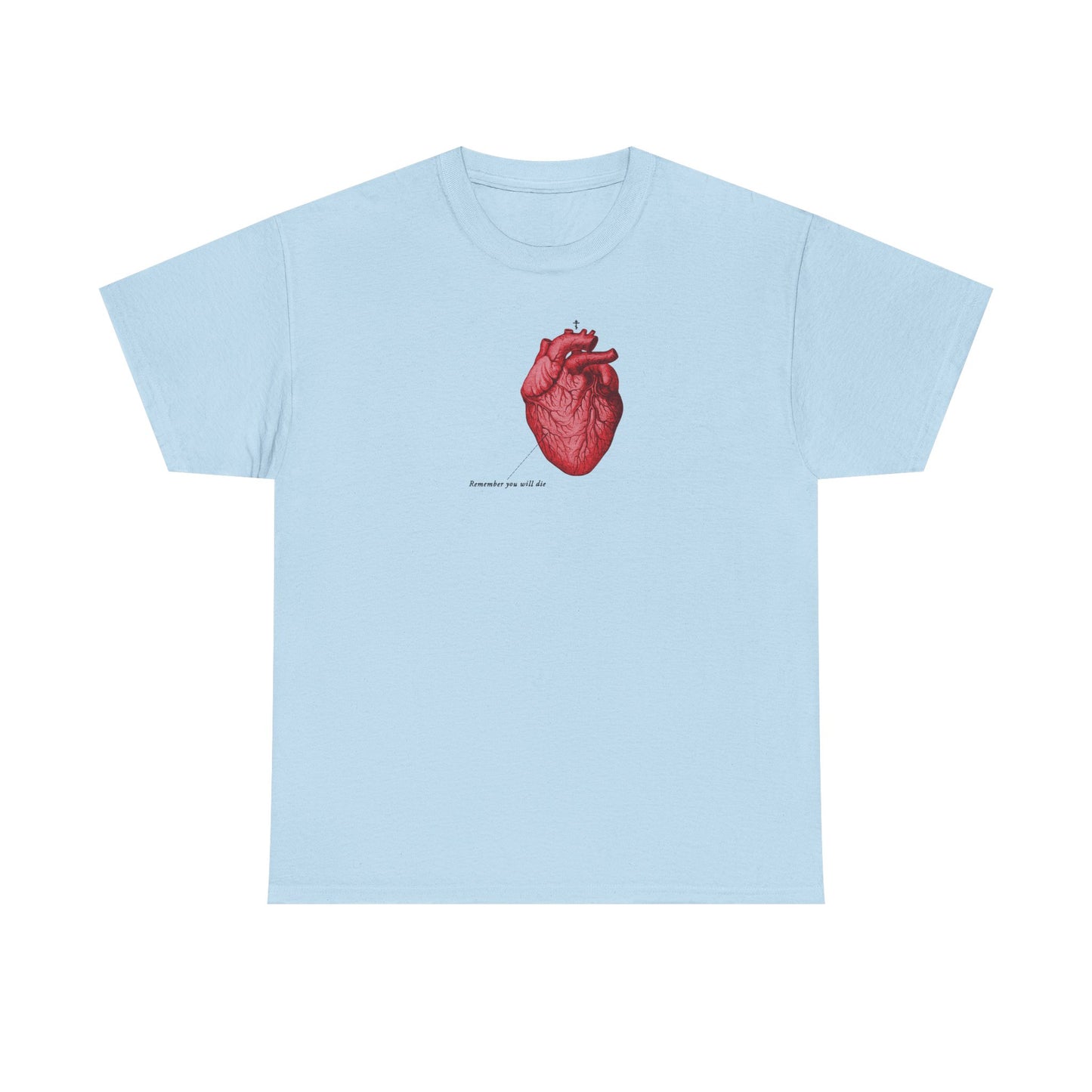 Light blue heavy cotton t-shirt featuring a retro medical heart, Orthodox cross, and “Remember You Will Die,” inspired by memento mori and Christian themes.