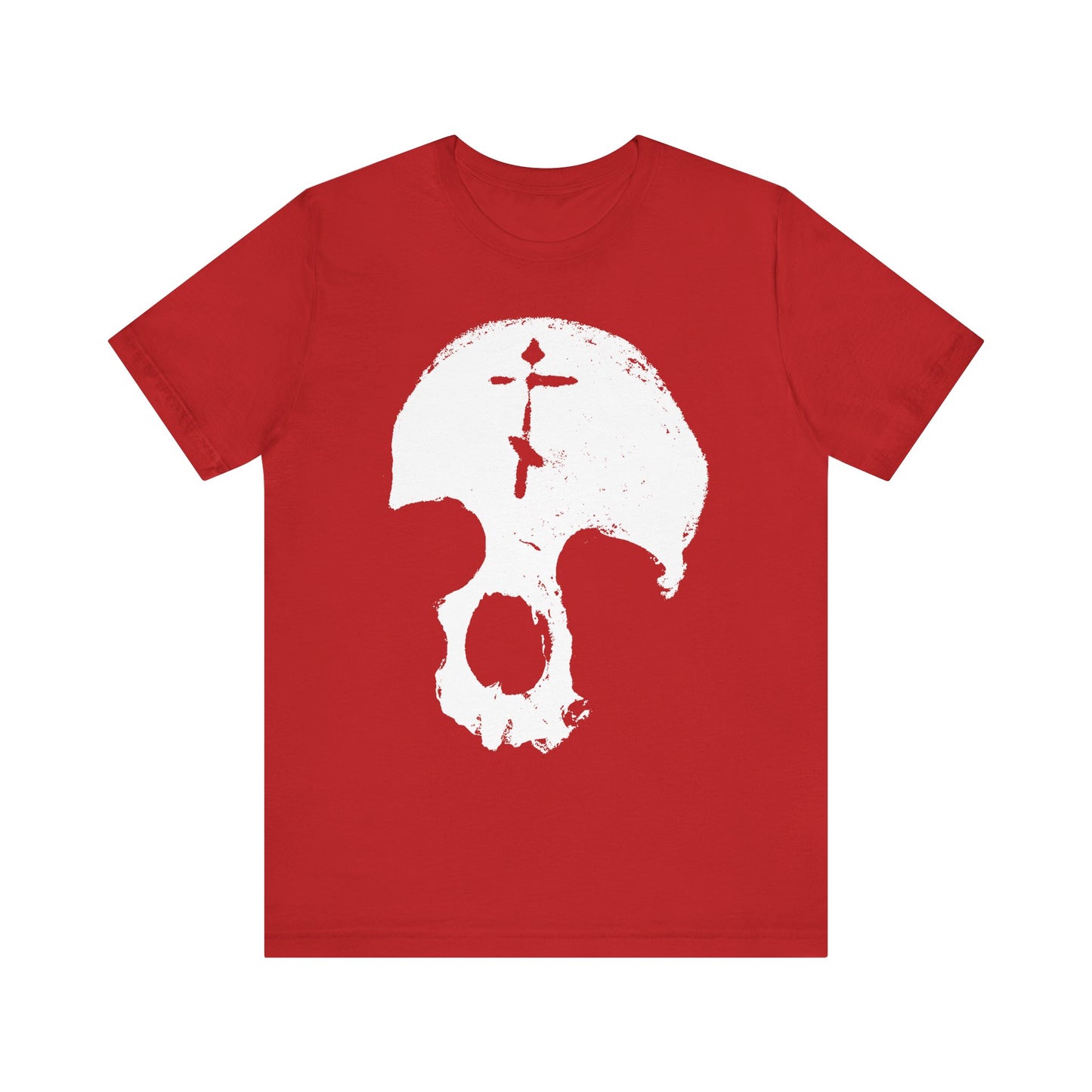 Introducing the "Skull With Orthodox Cross | Gothic Christian | All is Vanity | Remember You Will Die | Memento Mori" Lightweight Cotton Unisex Tee in red: a striking shirt featuring a prominent white skull graphic with rough, textured edges on the front—a bold tribute to mortality and human vanity, subtly inspired by St. Ignatius Brianchaninov’s contemplations on vainglory.