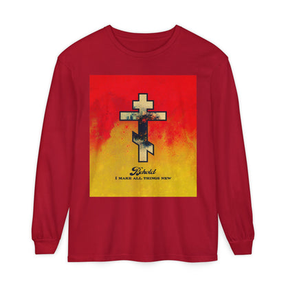 Behold, I Make All Things New (Revelation 21:5) | Cosmic Orthodox Cross on Red and Yellow Background | Orthodox Christian Long Sleeve Shirt
