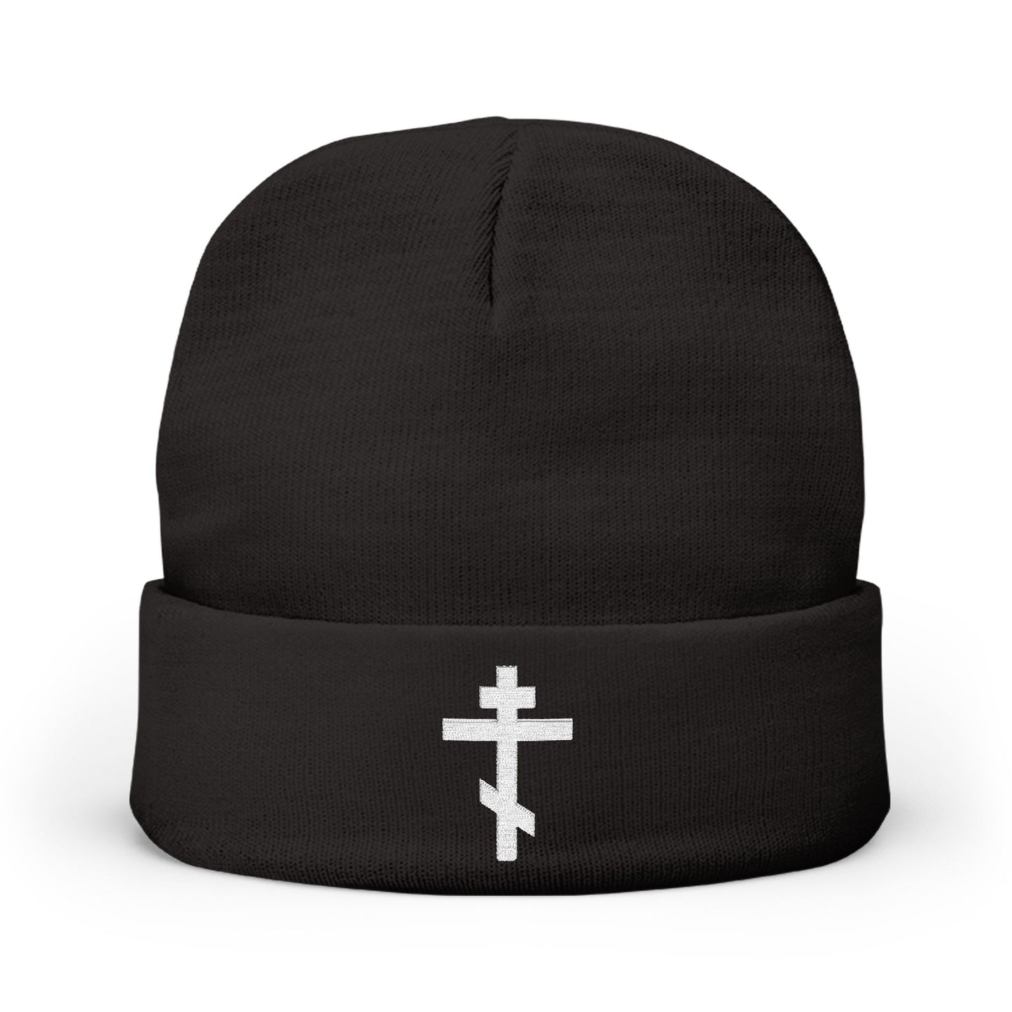 Black knit beanie featuring a white Orthodox TriBar Cross and the phrase "Nail My Passions to the Wood of Thy Precious Cross O Lord" embroidered on the front, inspired by Orthodox Christian faith.