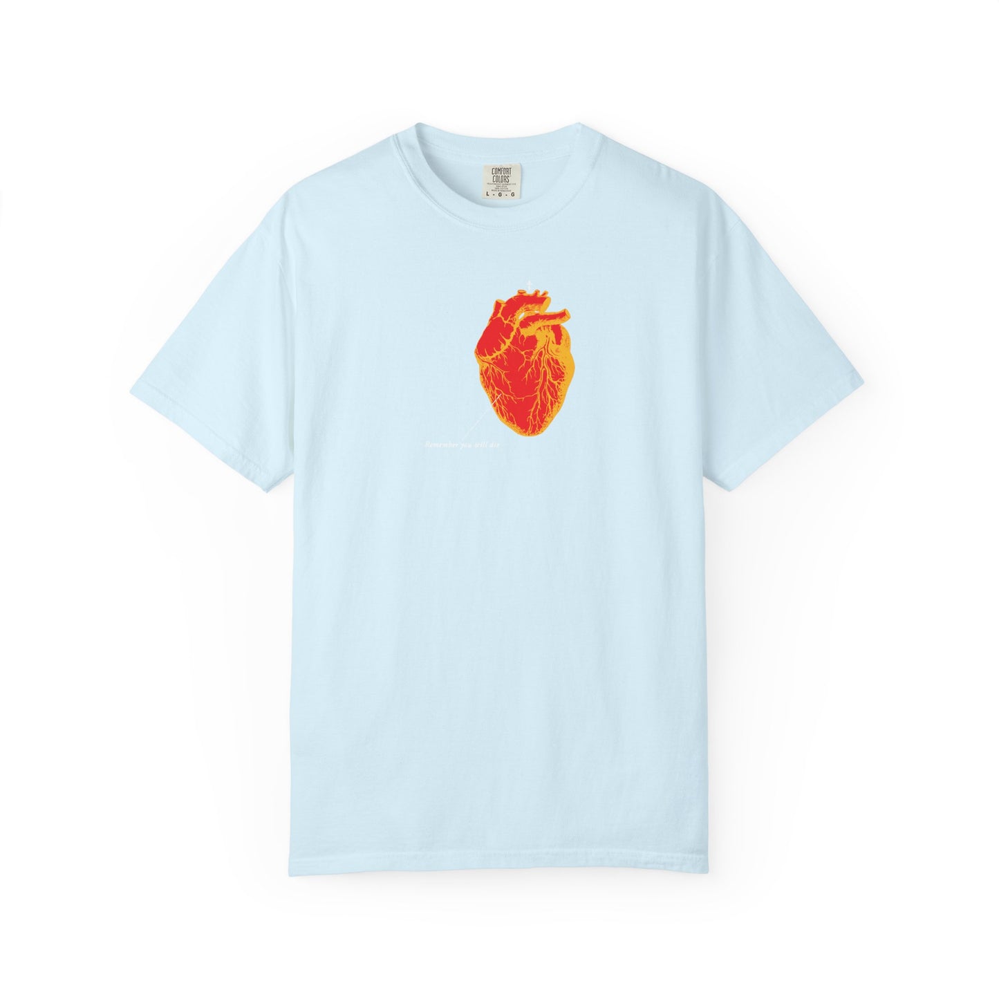 Chambray heavyweight cotton unisex tee featuring a red & orange anatomical heart design inspired by antique medical textbooks, symbolizing memento mori. "Remember You Will Die" Orthodox T-shirt.