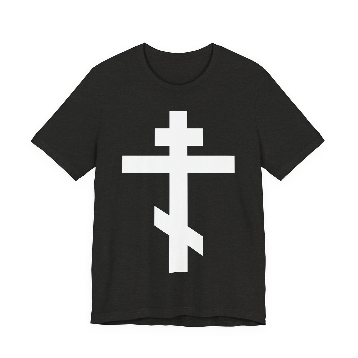 Black Heather unisex tee with a large white Orthodox Cross and Galatians 6:14: "May I never boast, except in the cross of our Lord Jesus Christ." Perfect for Orthodox Christians.