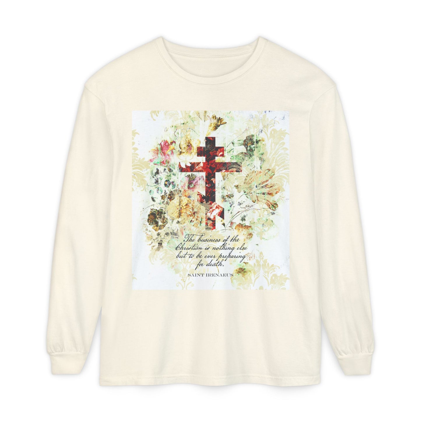 Preparing For Death | White & Beige Floral Scrapbook Texture Cross | Arts & Crafts Style | St Irenaeus | Orthodox Christian Long Sleeve Shirt