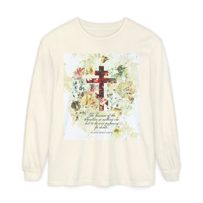 Preparing For Death | White & Beige Floral Scrapbook Texture Cross | Arts & Crafts Style | St Irenaeus | Orthodox Christian Long Sleeve Shirt