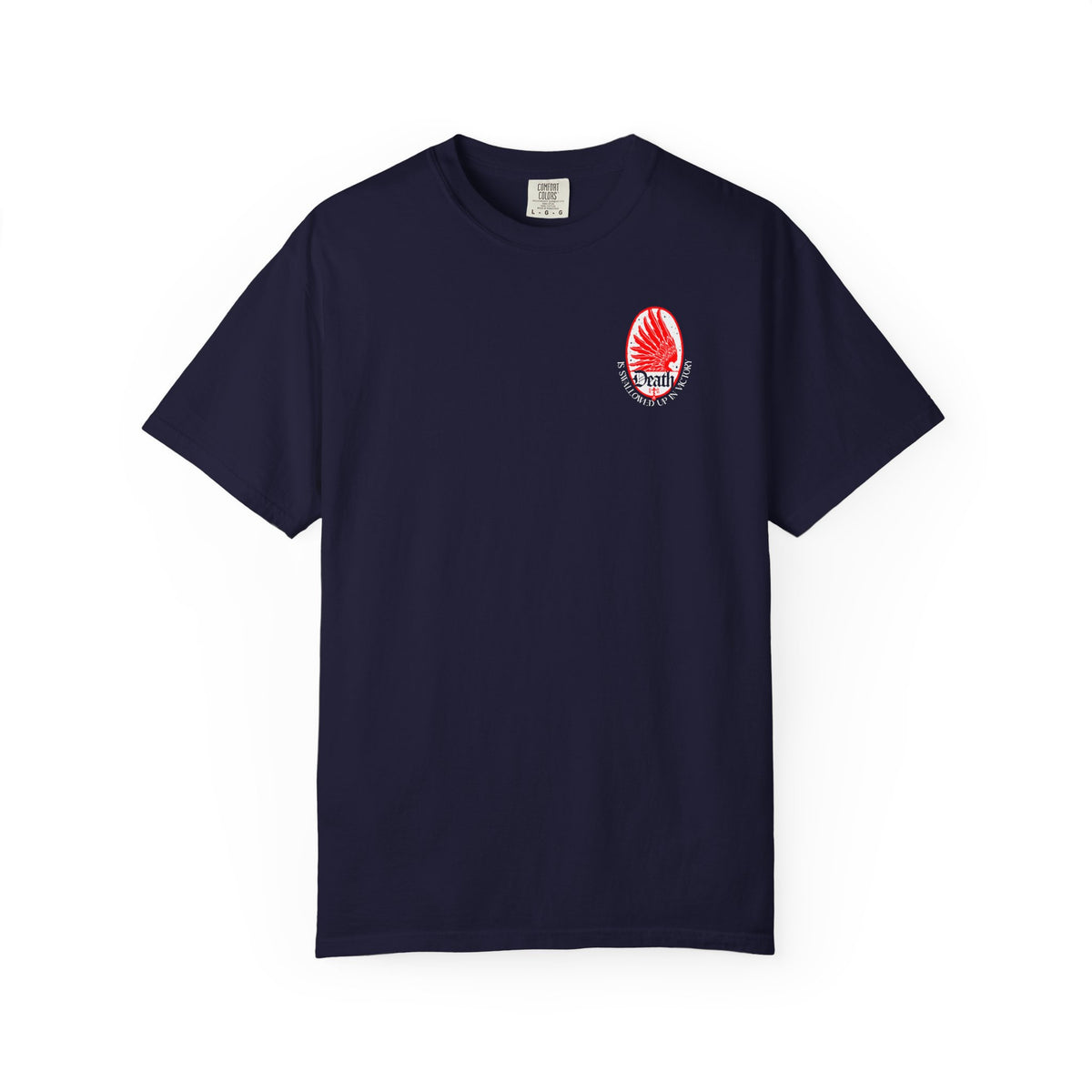 True Navy Death is Swallowed Up In Victory t-shirt with a red eagle wing logo and text on the left chest.