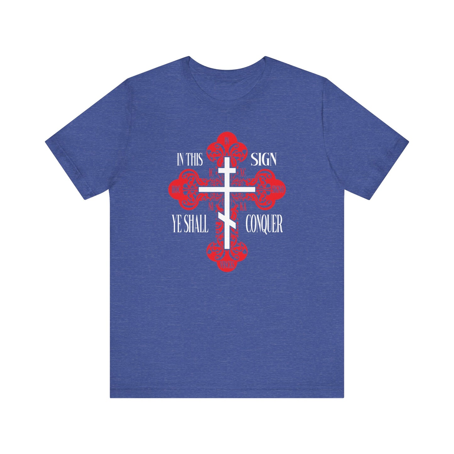 Lightweight blue cotton unisex tee featuring a red ornate Orthodox cross and white "In this sign ye shall conquer" text. Inspired by Orthodox prayer and tradition. Product: In This Sign Ye Shall Conquer | Christ Conquers | ICXC NIKA.