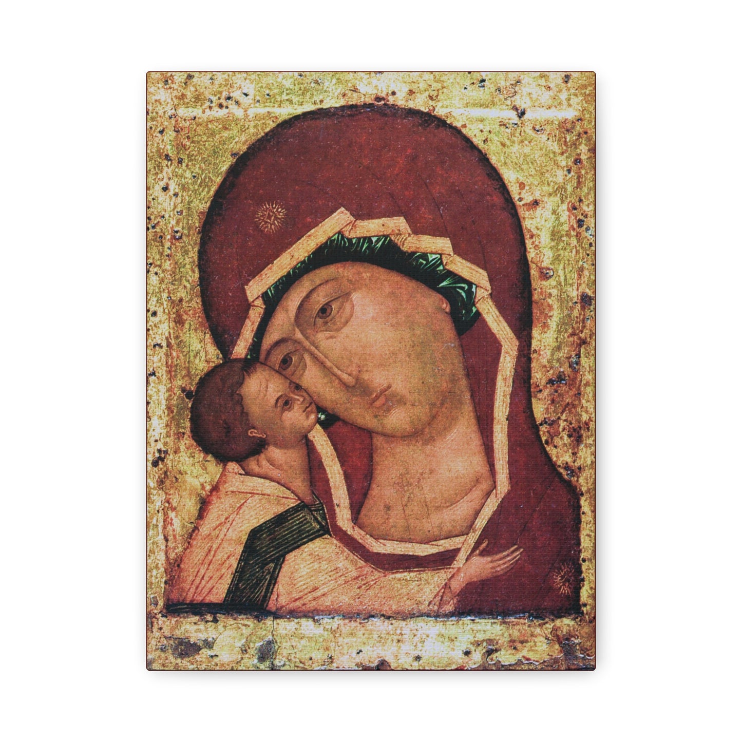 Igorevskaya Russian Icon of the Mother of God | Theotokos Tenderness (Eleusa) Orthodox Christian Icon—depicts Mary and baby Jesus with their faces gently touching, set against a gold background with red and green details, inspired by the traditional tender style in this religious canvas wall art.