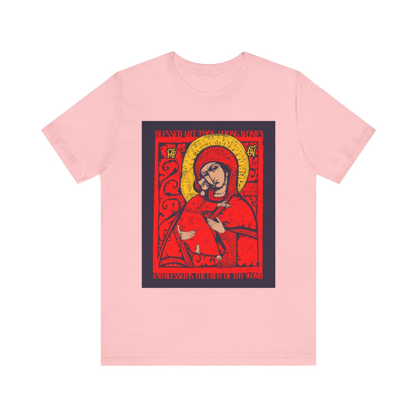 Celebrate spiritual art with this pink "Vladimir Theotokos IconoGraphic | Blessed Art Thou Among Women" unisex cotton T-shirt, featuring a striking red and yellow Orthodox Christian illustration inspired by the revered Vladimirskaya icon of the Virgin.