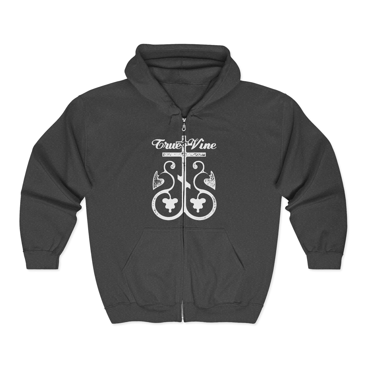 I Am the True Vine FRONT (John 15, Ezekiel 15) | Orthodox Cross with Grape Vine | Photocopy Effect | Orthodox Zipper Hoodie