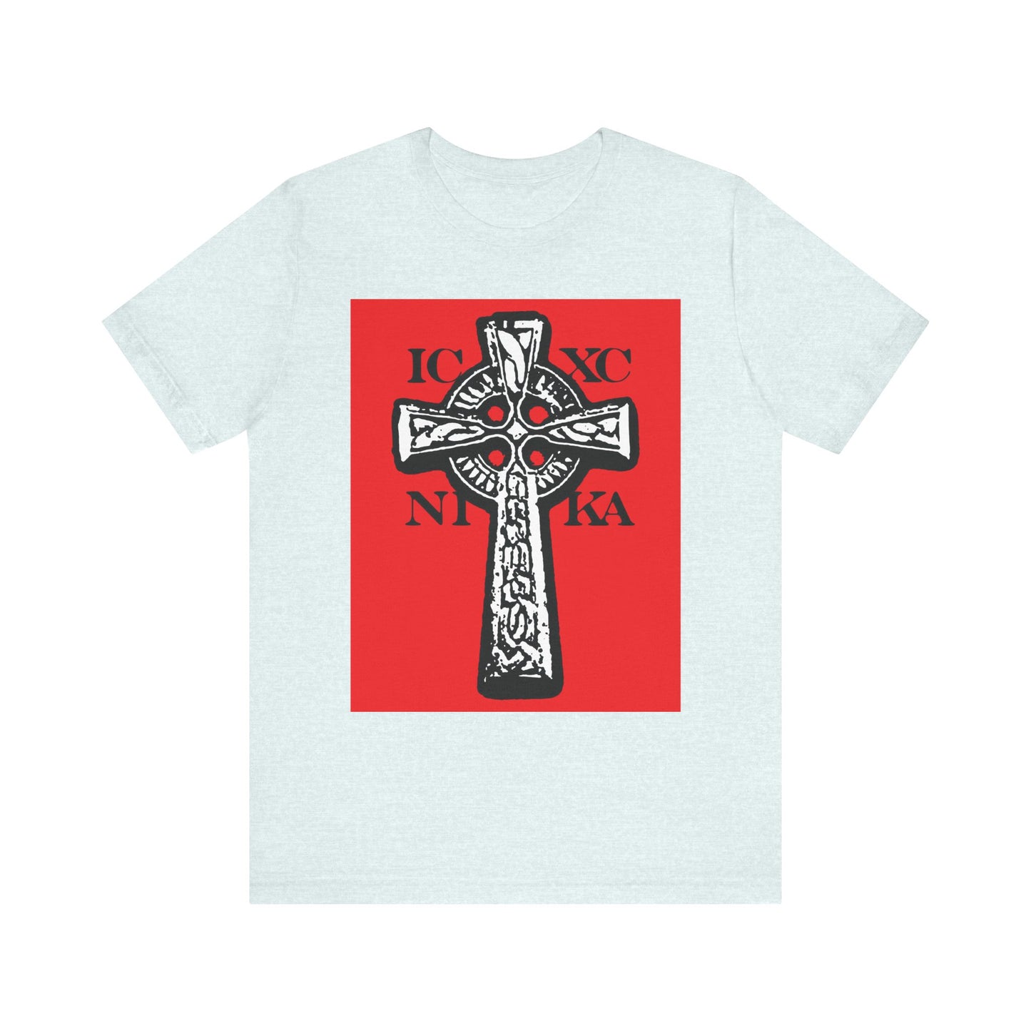 Heather Ice Blue T-shirt featuring the ICXC NIKA Celtic Knotwork Cross rendered in striking black and white on a vivid red background, adorned with Greek letters—celebrating the triumph of Jesus Christ, the Crucified and Lamb of God.
