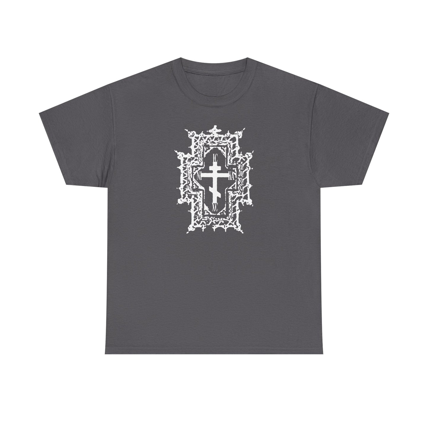 Charcoal heavy cotton T-shirt featuring a gothic cathedral style Orthodox cross with “ICXC NIKA | Jesus Christ Conquers,” symbolizing healing by His wounds. Intricate design reflects faith and Jesus’ sacrifice.