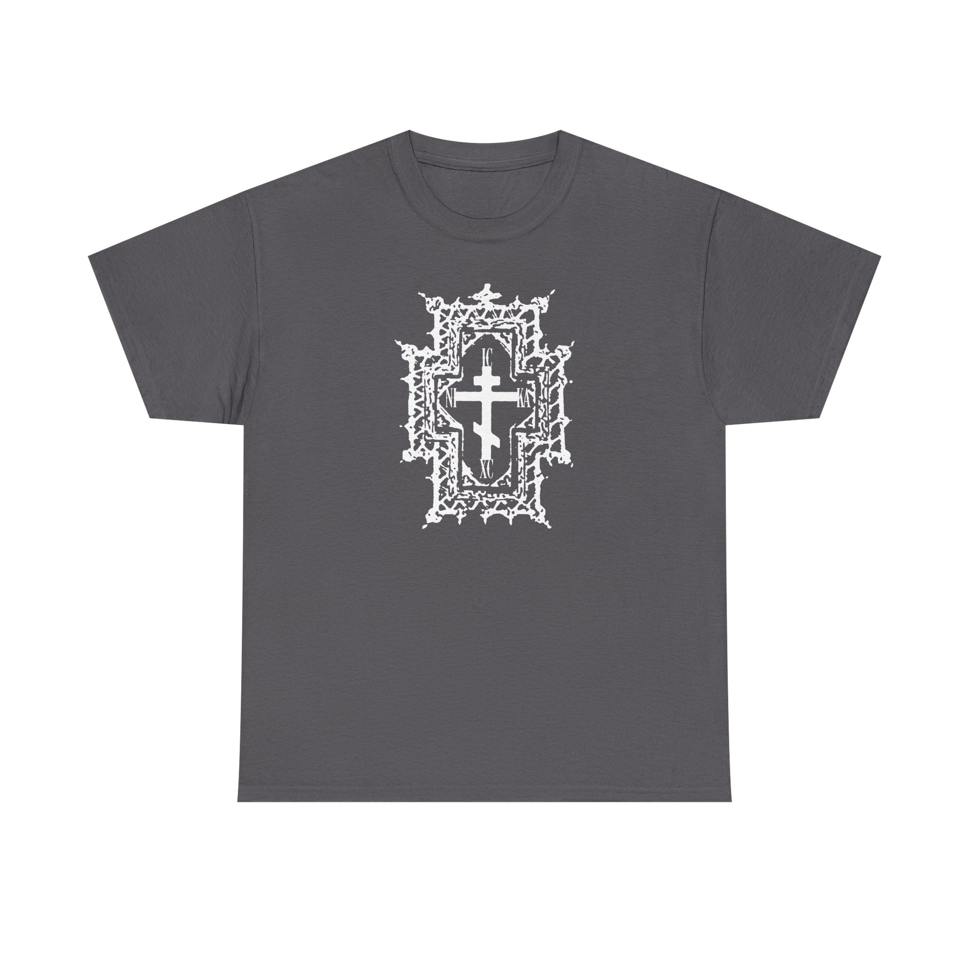 Charcoal heavy cotton T-shirt featuring a gothic cathedral style Orthodox cross with “ICXC NIKA | Jesus Christ Conquers,” symbolizing healing by His wounds. Intricate design reflects faith and Jesus’ sacrifice.