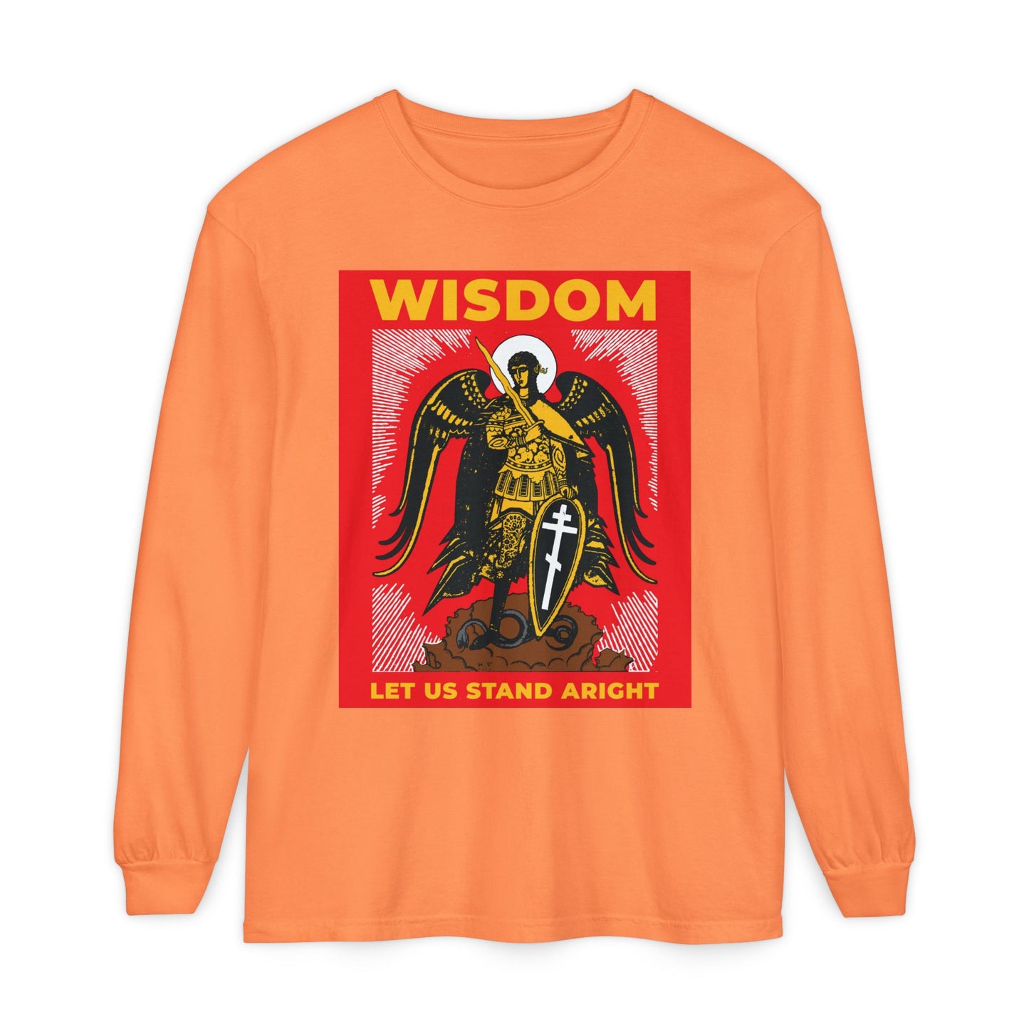 Melon cotton long sleeve shirt featuring a Russian illustration of Archangel Michael with sword and shield; text reads "WISDOM Let Us Stand Aright." Inspired by the war in heaven, Orthodox Christian design.