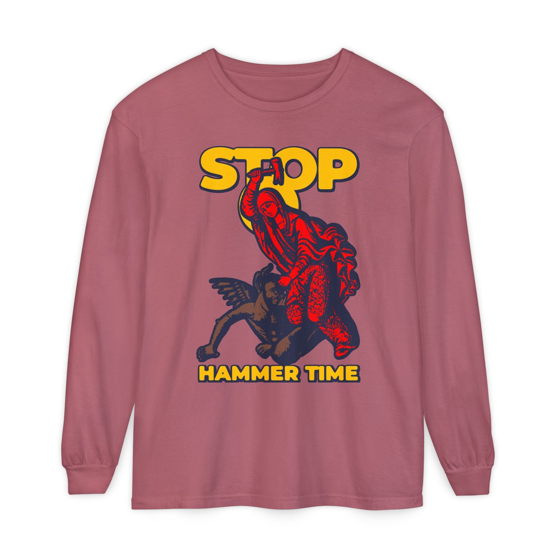 Red, blue, and yellow long-sleeve shirt featuring St Marina of Antioch beating the devil with a hammer and "Stop, Hammer Time" – a modern Orthodox meme-style Christian graphic.