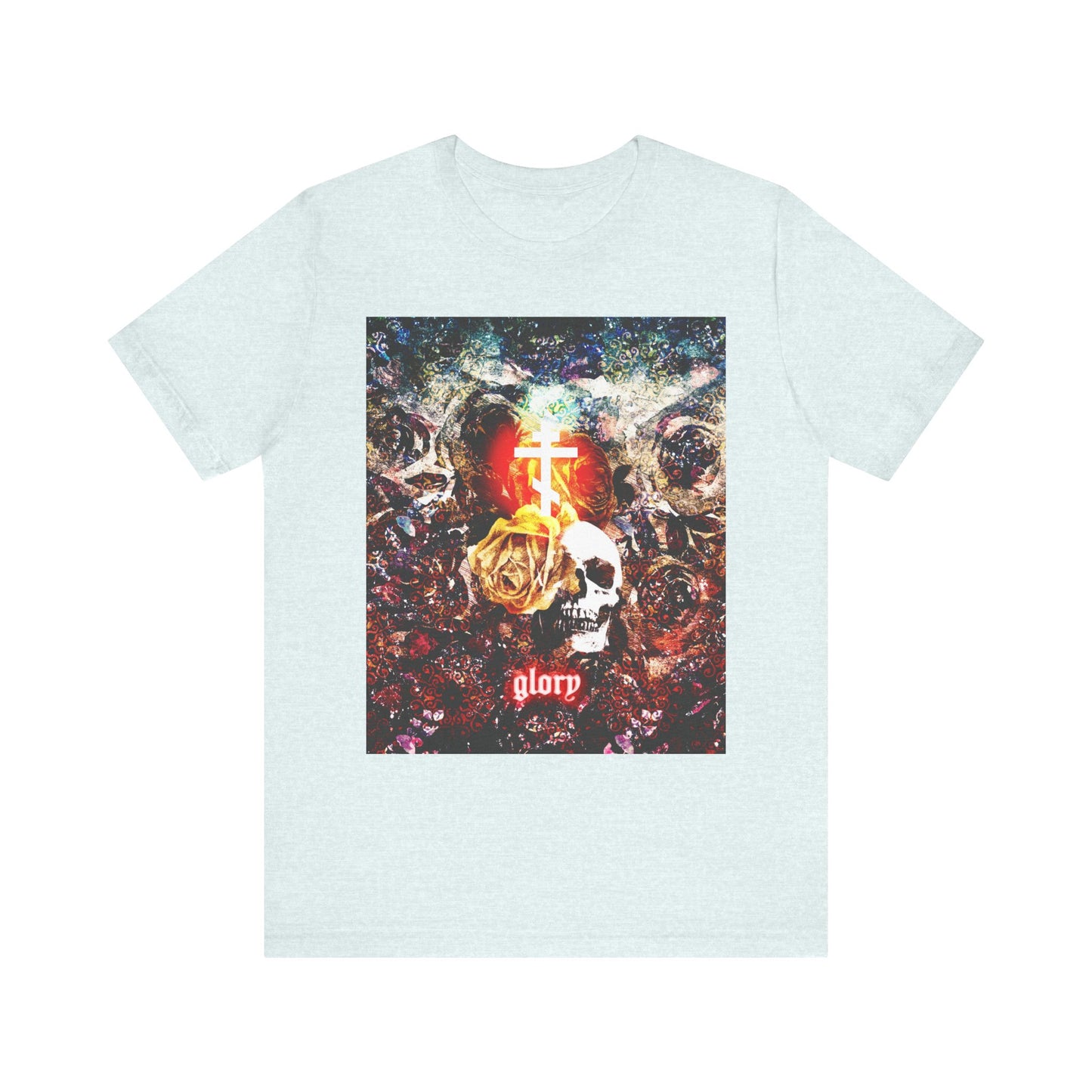 Heather Ice Blue unisex lightweight cotton tee featuring a glowing skull and floral cross artwork with the word "glorp" at the bottom—a design inspired by Judas Iscariot, Jesus’ betrayal at the Last Supper, and John 13:31, titled “Now the Son of Man is Glorified.”.