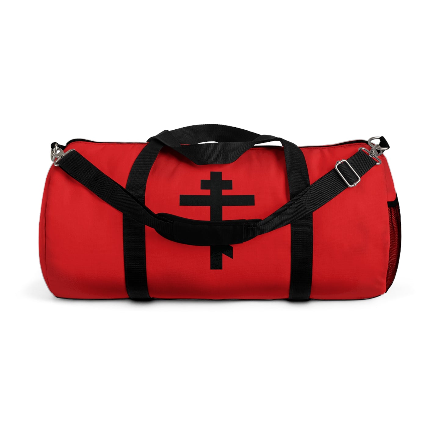 Red gym duffel bag with black straps and a black Orthodox Cross on the front, featuring "May I never boast, except in the cross of our Lord Jesus Christ" (Gal 6:14). Perfect for Orthodox Christians.