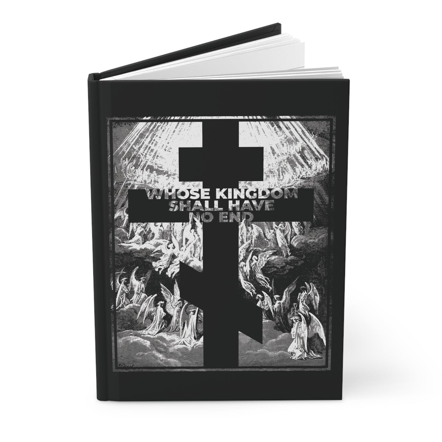 The "Whose Kingdom Shall Have No End" Orthodox blank journal features Gustave Dore etching art and Nicene Creed inspiration—perfect for Christians, with symbols of faith on the cover.