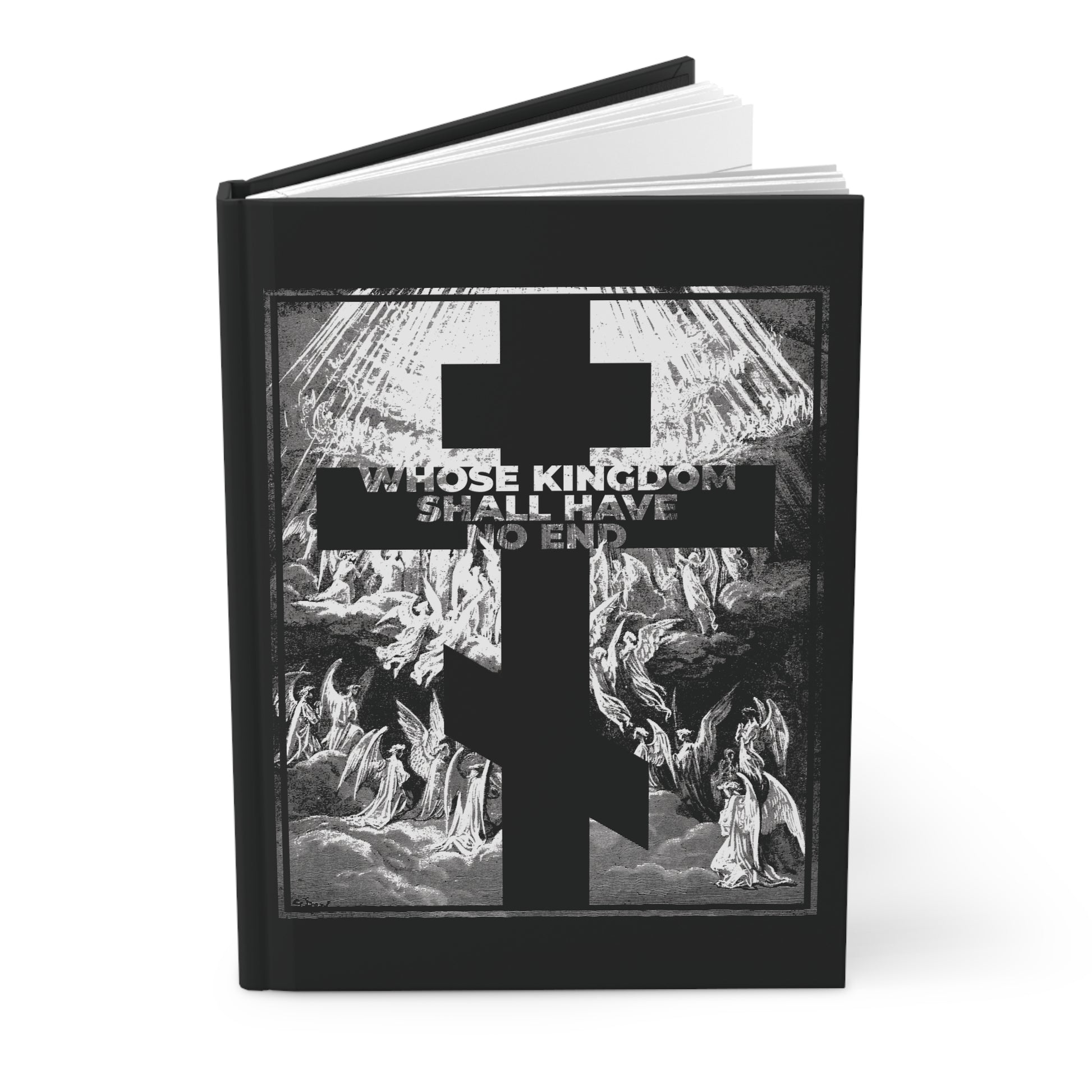 The "Whose Kingdom Shall Have No End" Orthodox blank journal features Gustave Dore etching art and Nicene Creed inspiration—perfect for Christians, with symbols of faith on the cover.