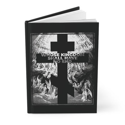 The "Whose Kingdom Shall Have No End" Orthodox blank journal features Gustave Dore etching art and Nicene Creed inspiration—perfect for Christians, with symbols of faith on the cover.