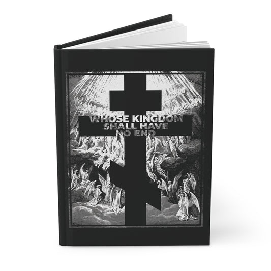 The "Whose Kingdom Shall Have No End" Orthodox blank journal features Gustave Dore etching art and Nicene Creed inspiration—perfect for Christians, with symbols of faith on the cover.